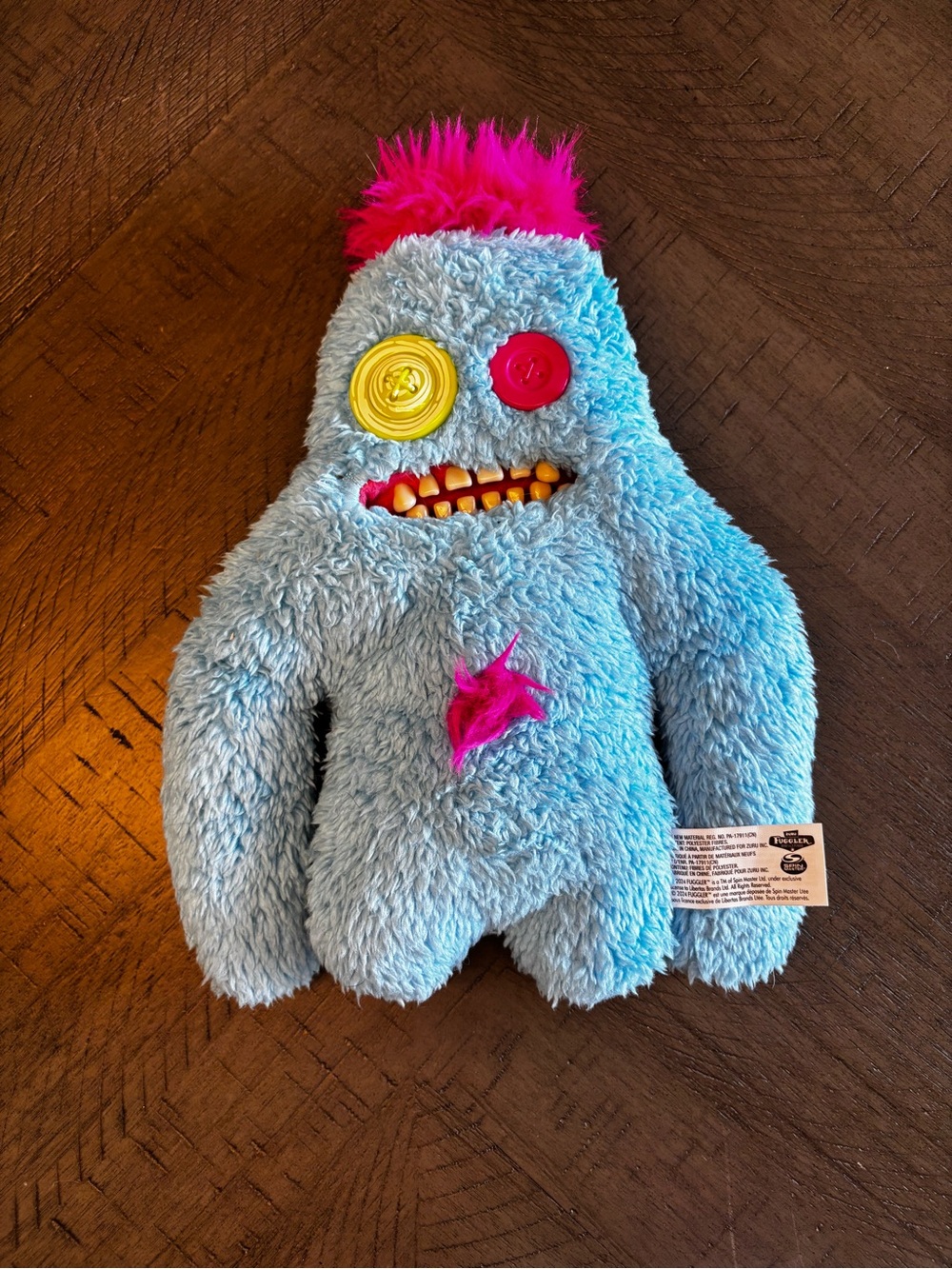 Plush fuggler Blue Monster Toy with Pink Accents and Button Eyes